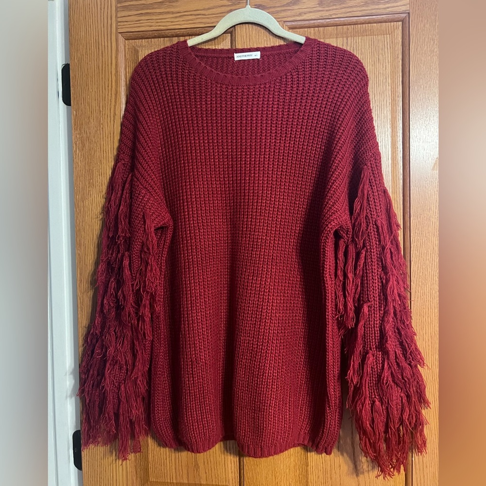 CRANBERRY FRINGED SWEATER WOMENS SIZE L